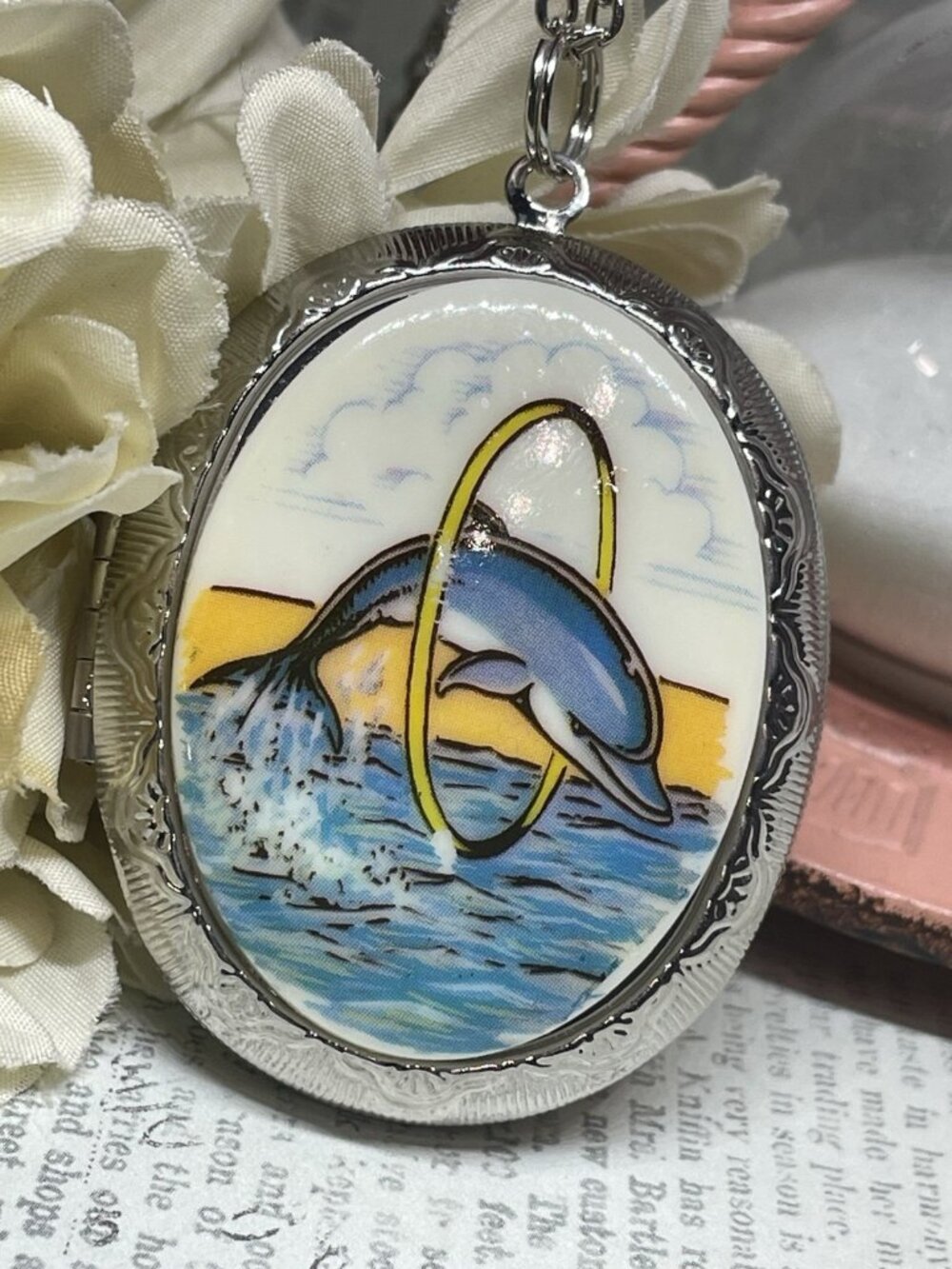 Silver Locket Necklace Beach Dolphin Porpoise Sea Wedding Photo Jewelry Birthday
